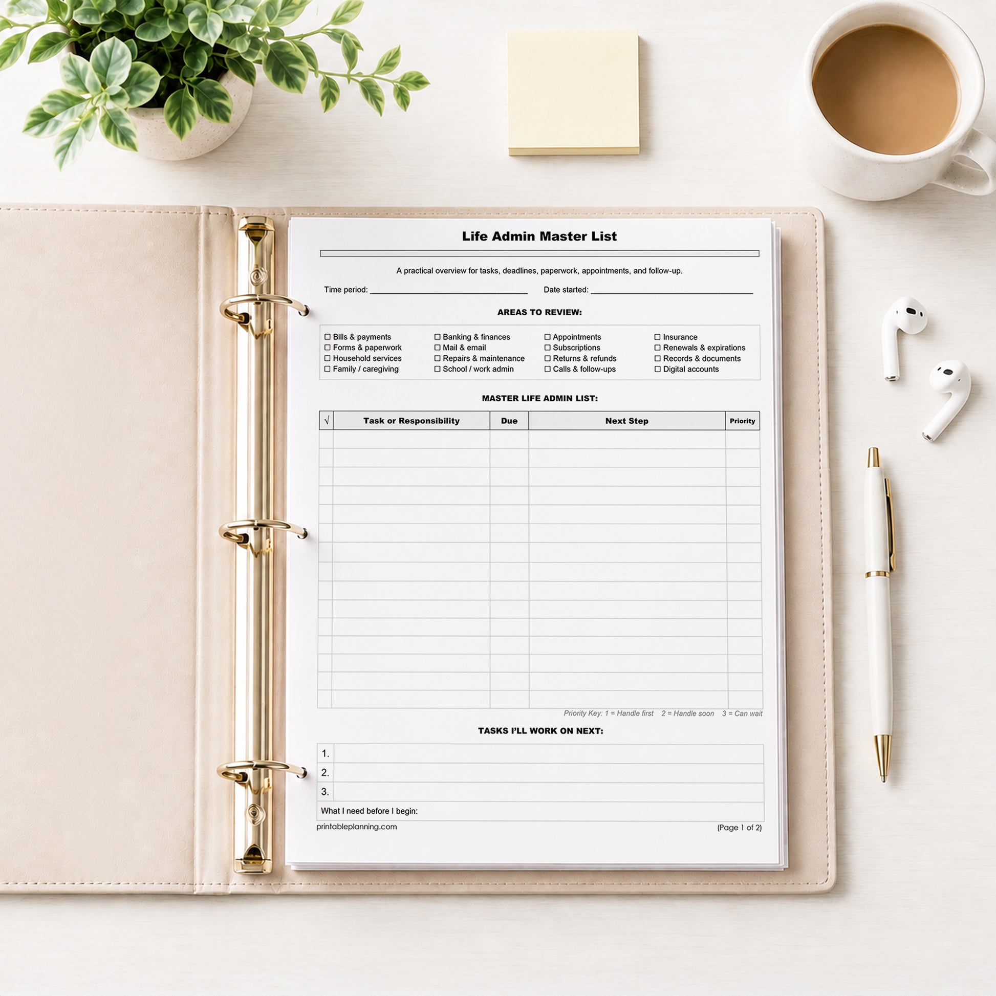 A printed Life Admin Master List (printable page) shown in a beige binder on a desk with a plant, sticky notes, coffee, earbuds, and a pen.