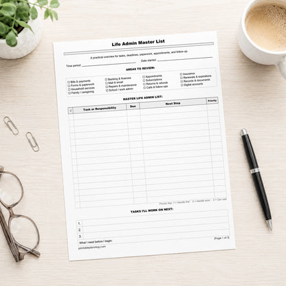 A printed Life Admin Master List (printable page) shown on a desk with a plant, paperclips, glasses, coffee, and a pen.