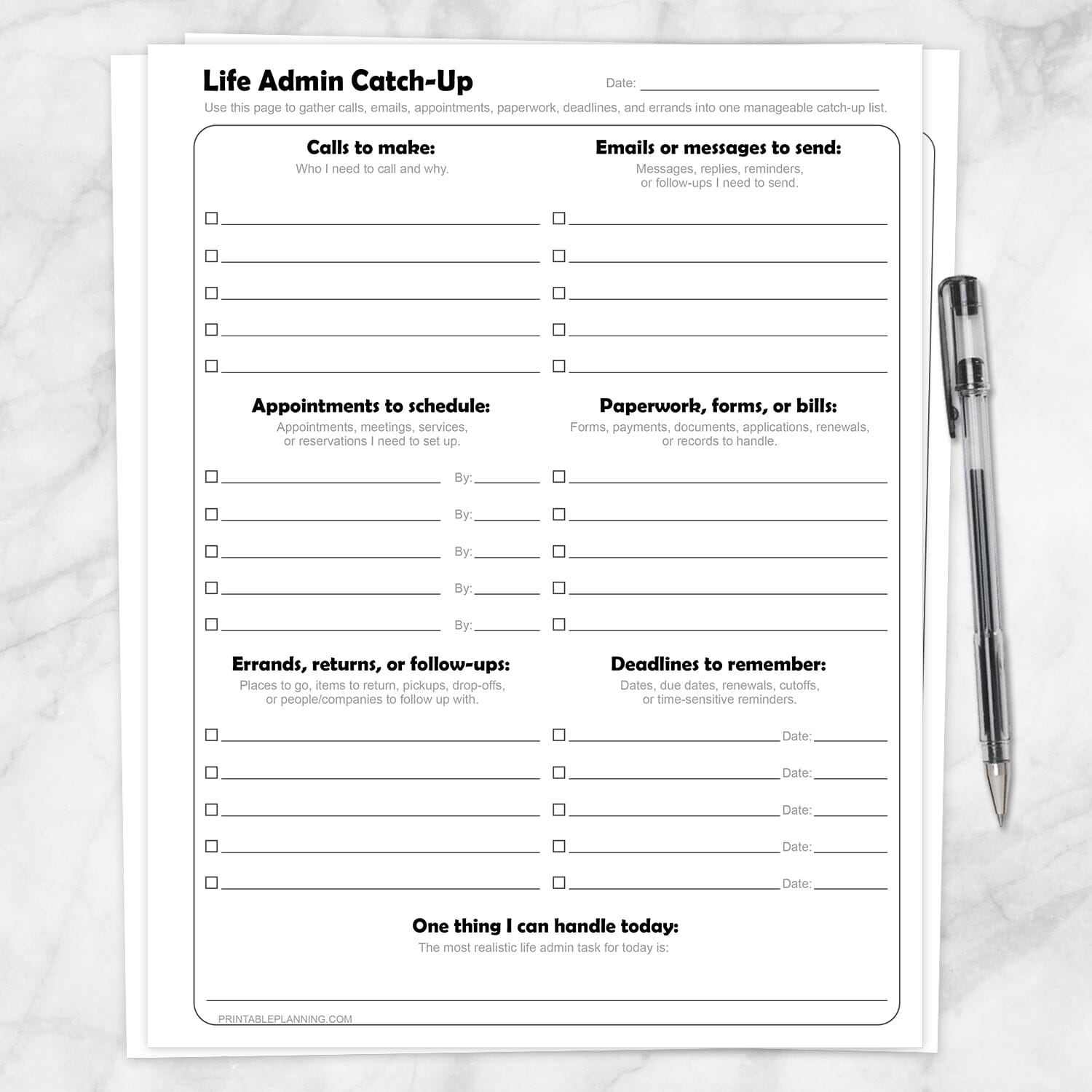Life Admin Catch-Up Printable Planner Page shown on a marble surface with a pen.