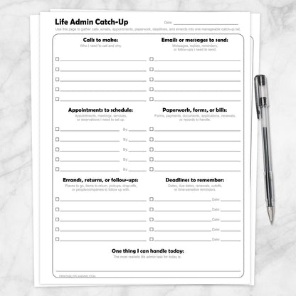 Life Admin Catch-Up Printable Planner Page shown on a marble surface with a pen.