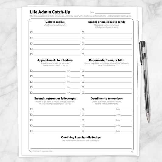 Life Admin Catch-Up Printable Planner Page shown on a marble surface with a pen.