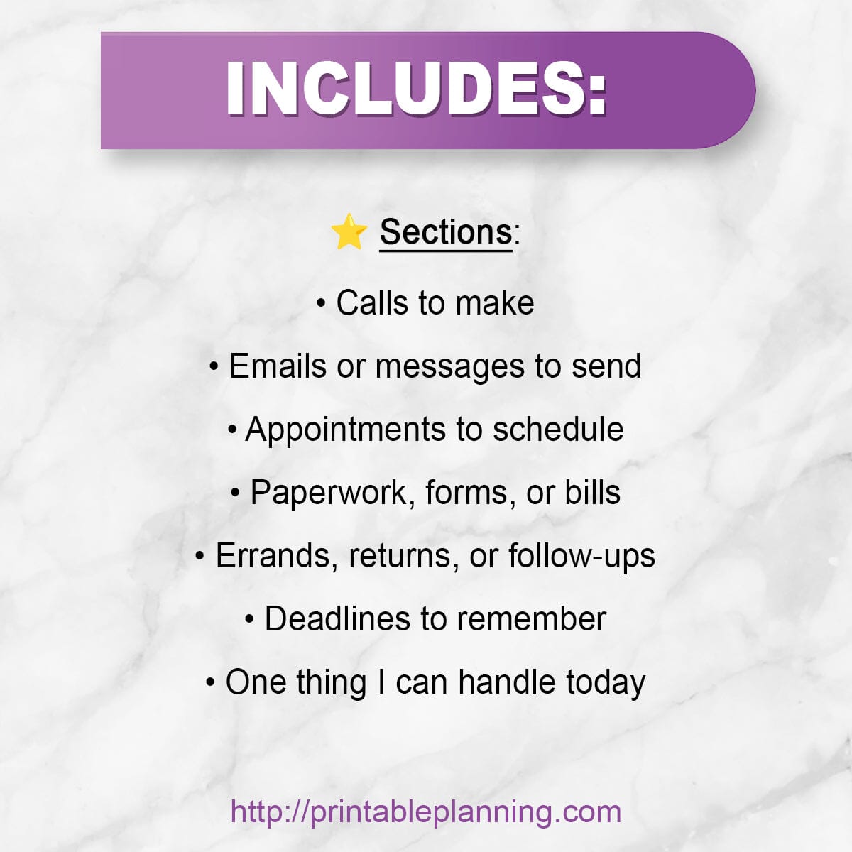 List of sections included on the Life Admin Catch-Up Printable Planner Page