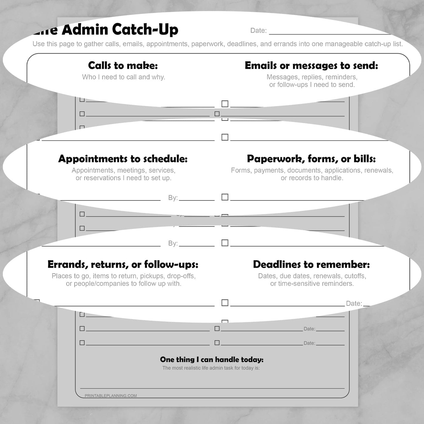 Zoomed in sections of the Life Admin Catch-Up Printable Planner Page.