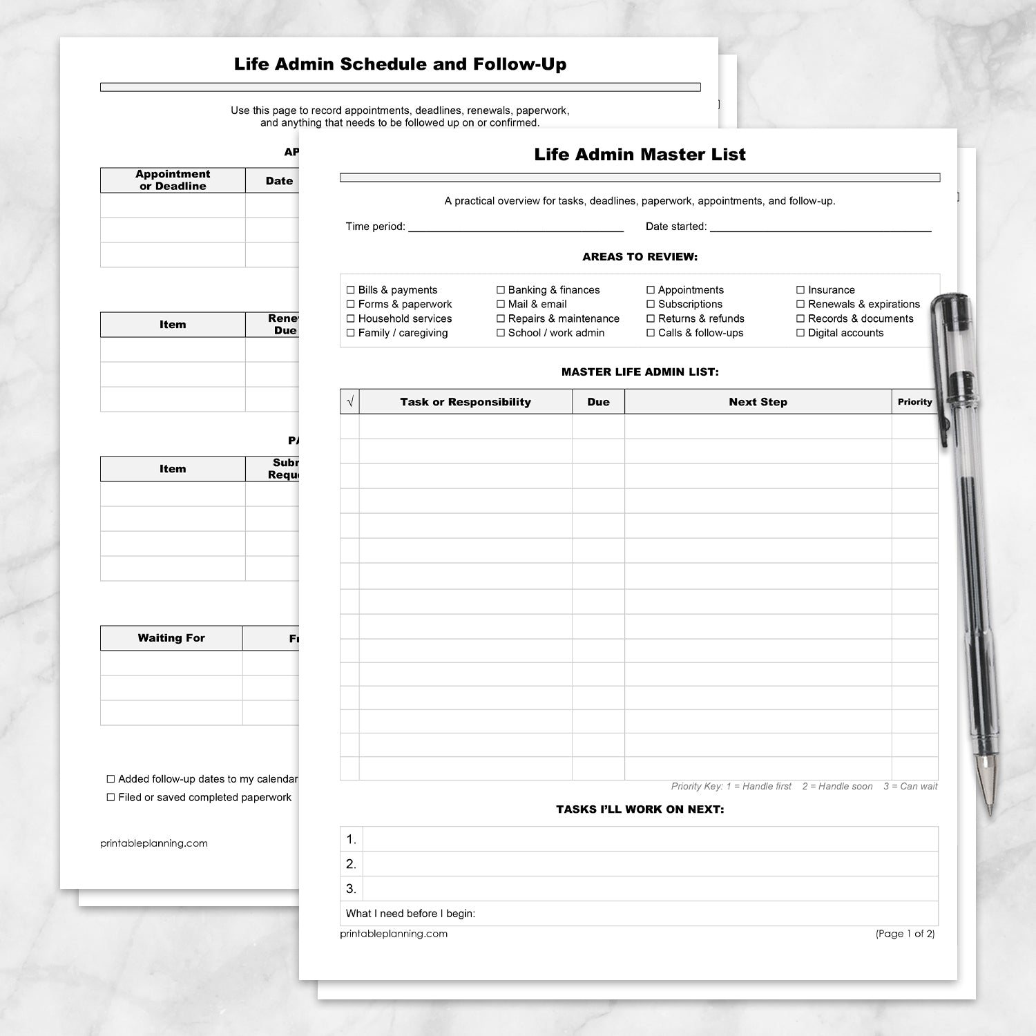 The printable Life Admin Master List and Follow-Up Tracker (2 Pages) shown on a marble surface with a pen.