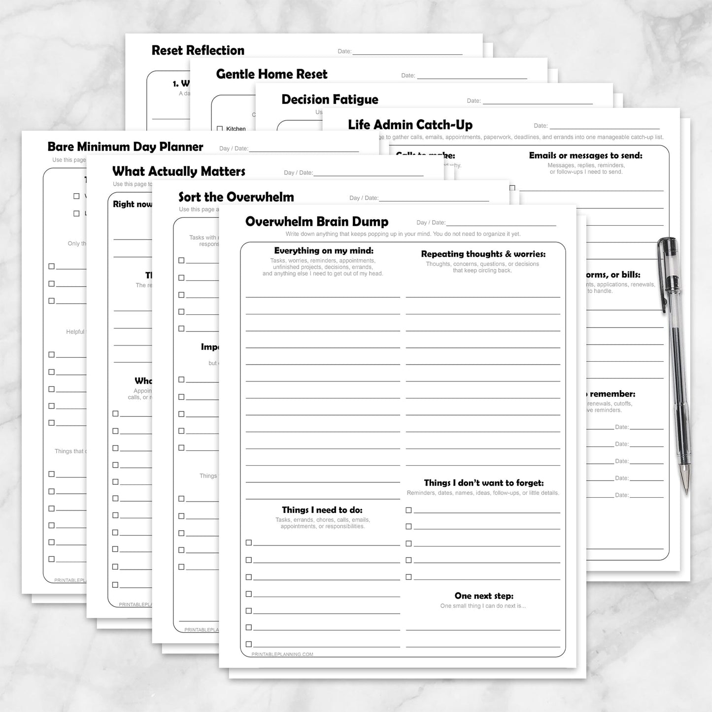Low-Energy Overwhelm Planner Printable Bundle (8 printable pages) shown on a marble surface with a pen.
