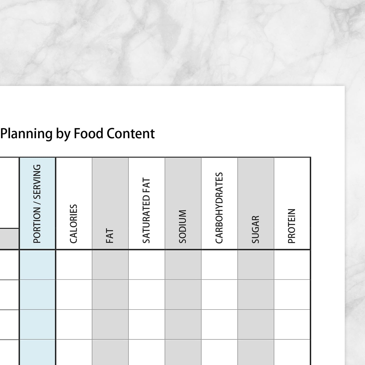 Printable Meal Planning by Food Content Planner Page at Printable Planning. Closer view of the column categories.