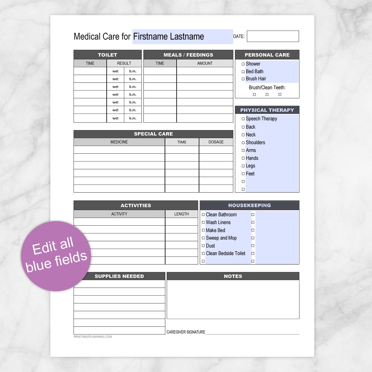 Printable Medical Care, Daily Care Sheet with Housekeeping at Printable Planning. Edit all blue fields.