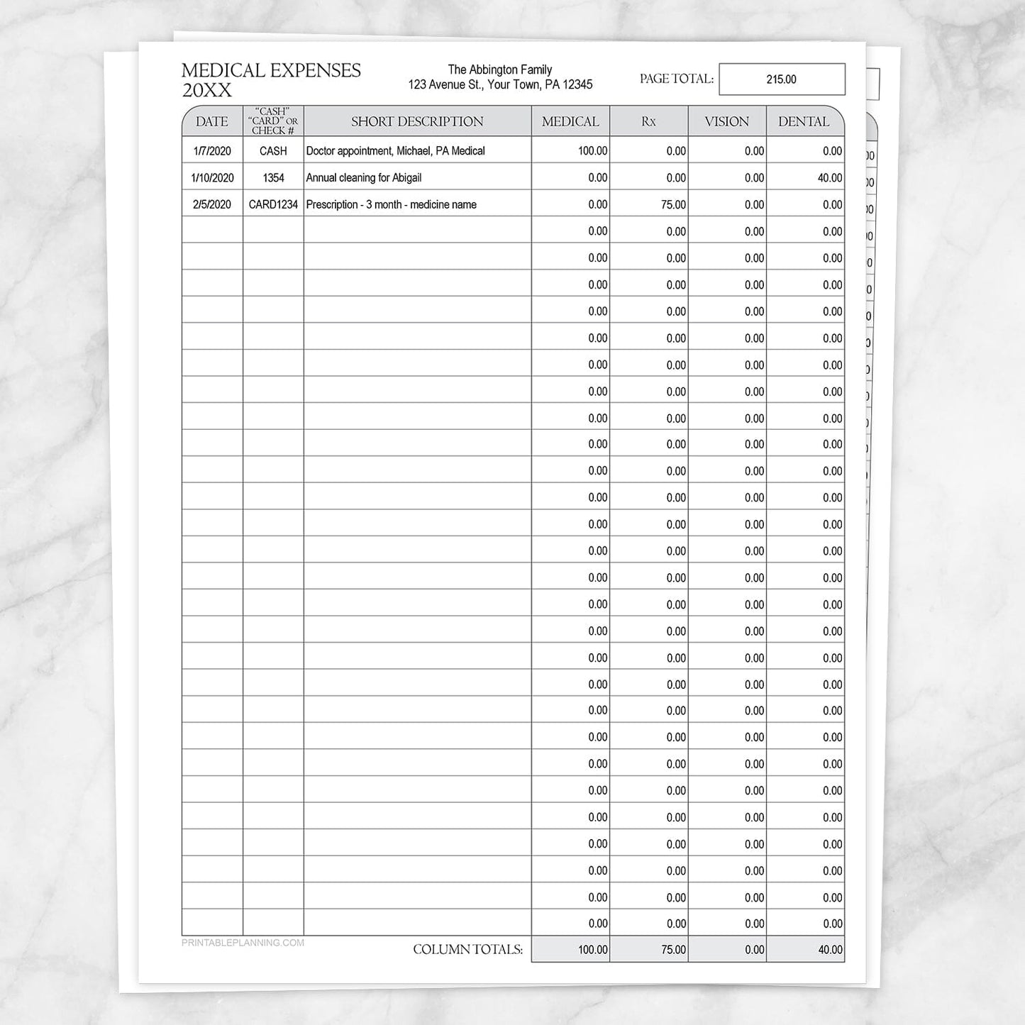Printable Medical Expenses with Auto-Calculating Totals at Printable Planning.