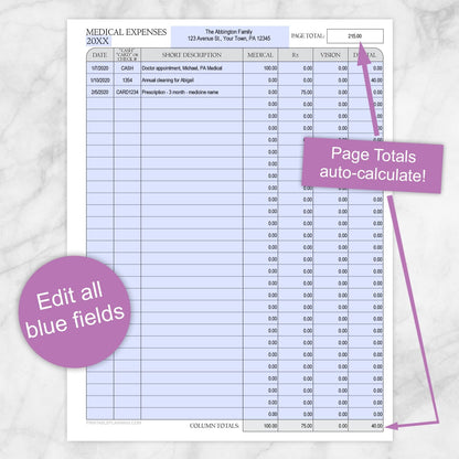 Printable Medical Expenses with Auto-Calculating Totals at Printable Planning. Infographic shows that you can edit all blue fields and that tjhe page totals auto-calculate.