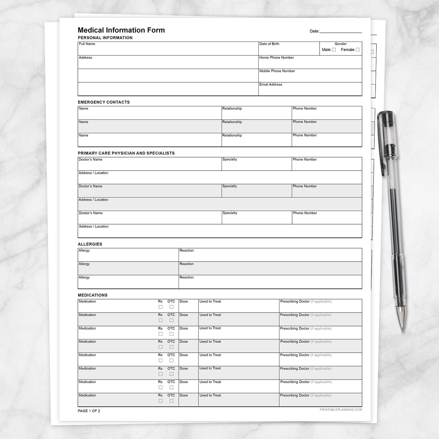 Printable Medical Information Form at Printable Planning. Page 1 of 2.