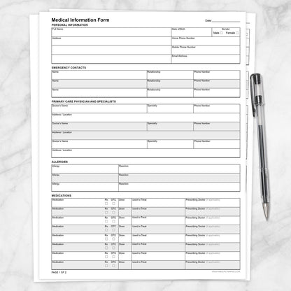 Printable Medical Information Form at Printable Planning. Page 1 of 2.