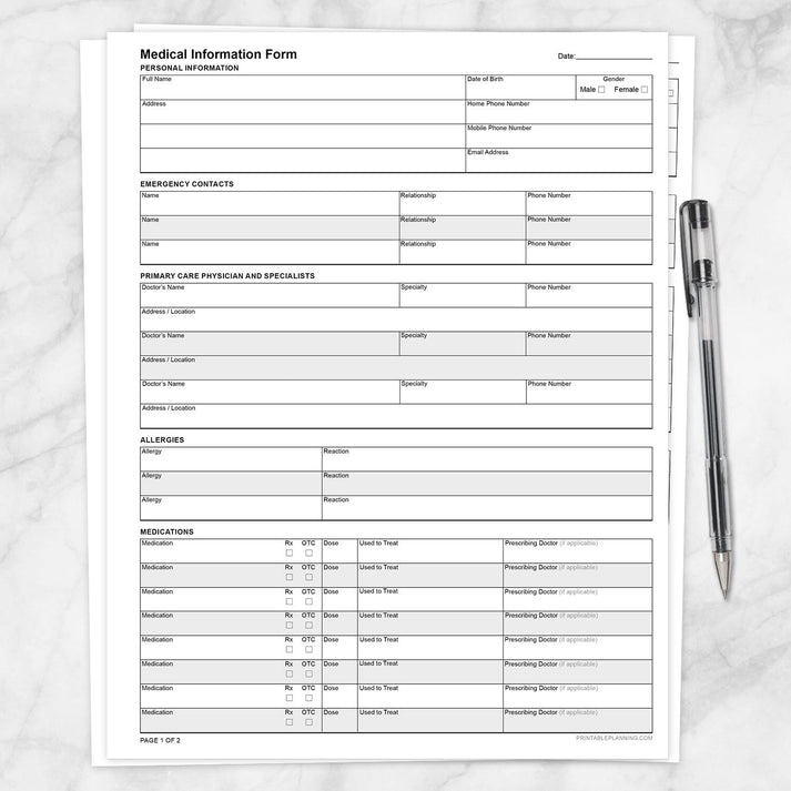 Printable Medical Information Form | Personal Health Record PDF ...