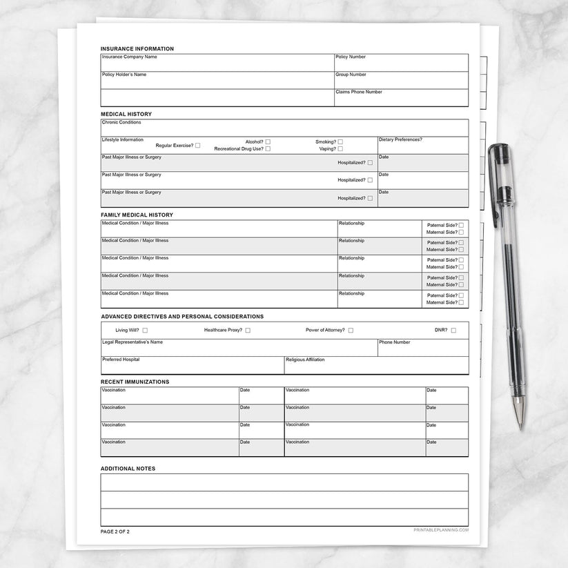 Health Data Form Printable Medical Information Form | Personal Health Record PDF ...