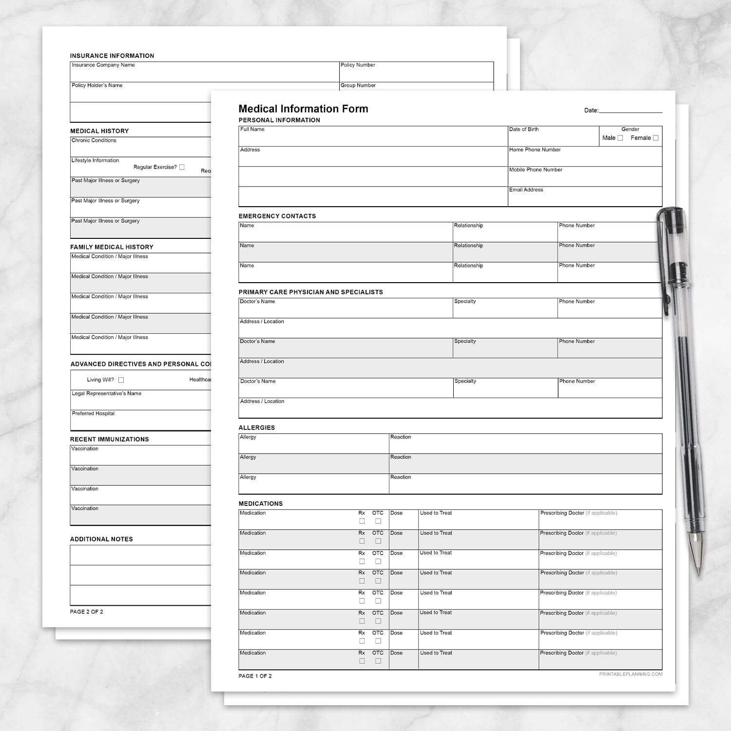Printable Medical Information Form at Printable Planning. A comprehensive 2-page medical information form that you print yourself.