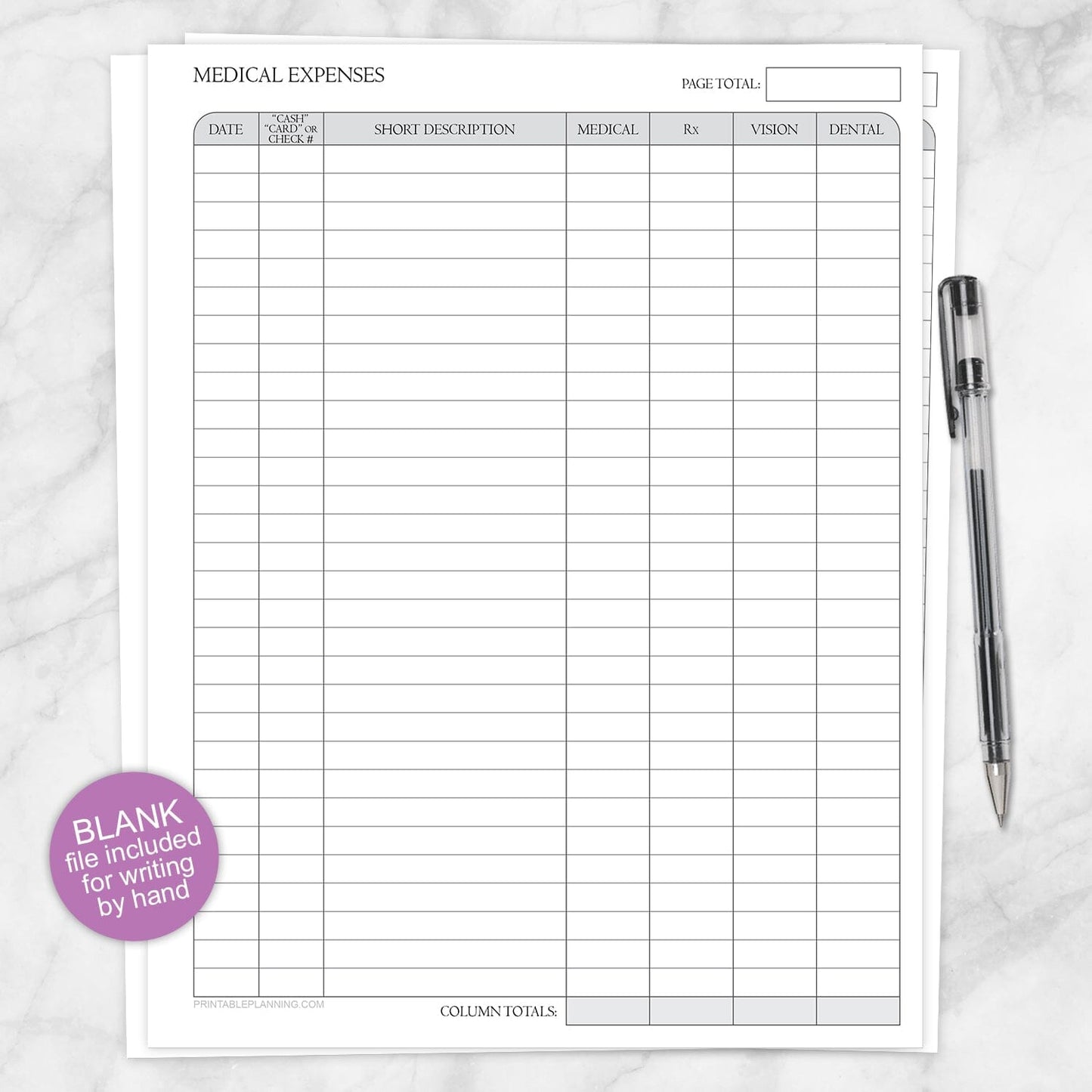 Blank medical expenses tracker sheet next to a pen on a marble surface