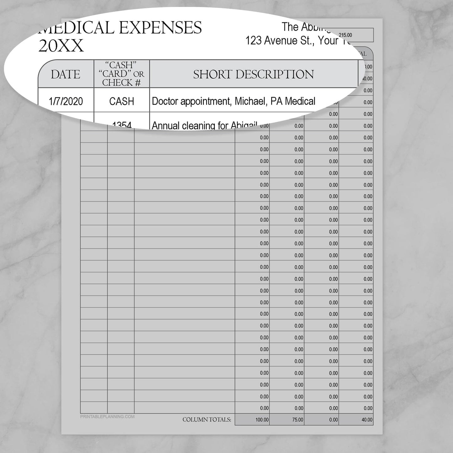 An image showing a zoomed portion of the Medical Expenses Tracker with Auto-Calculating Totals printable, showing the 1st 3 columns.