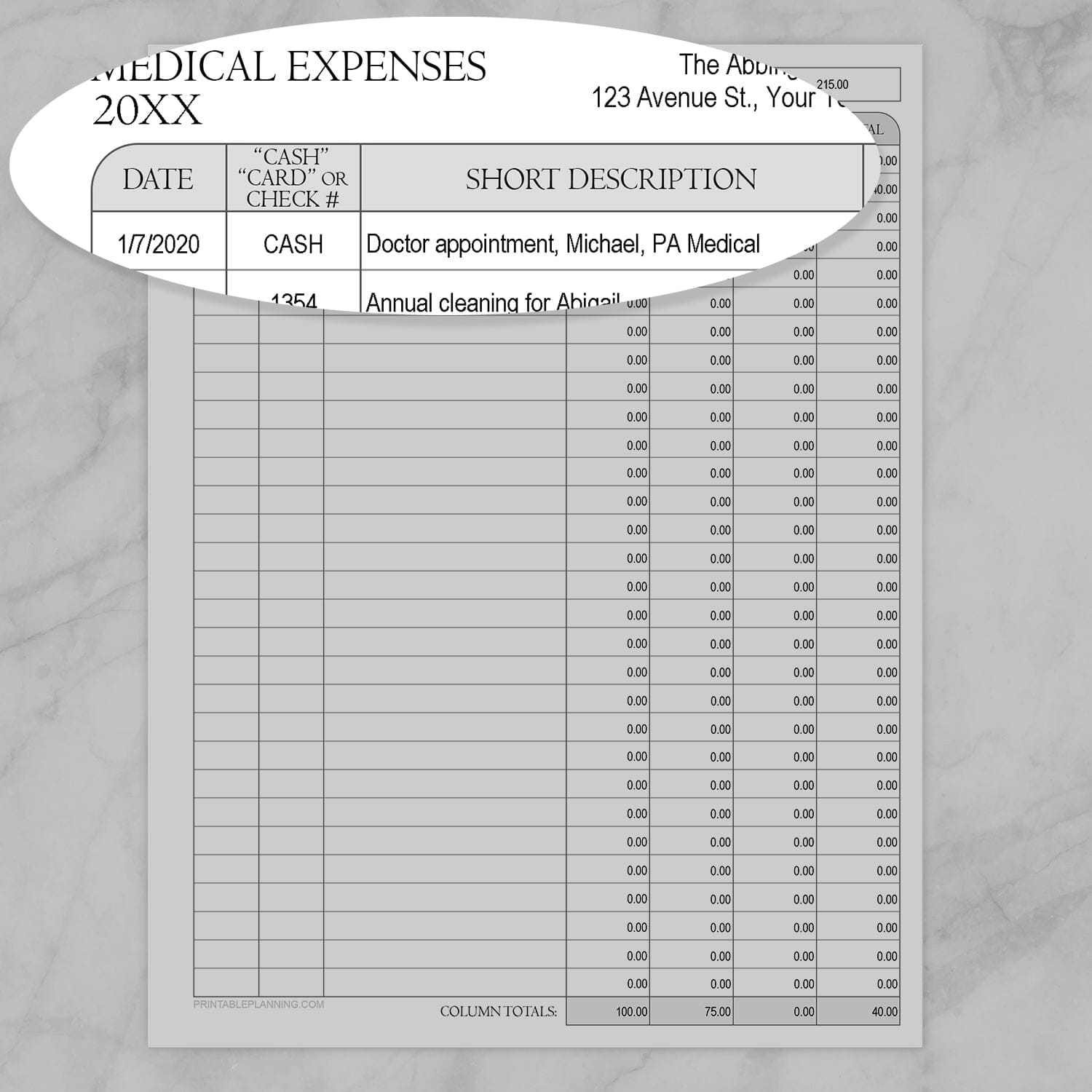An image showing a zoomed portion of the Medical Expenses Tracker with Auto-Calculating Totals printable, showing the 1st 3 columns.