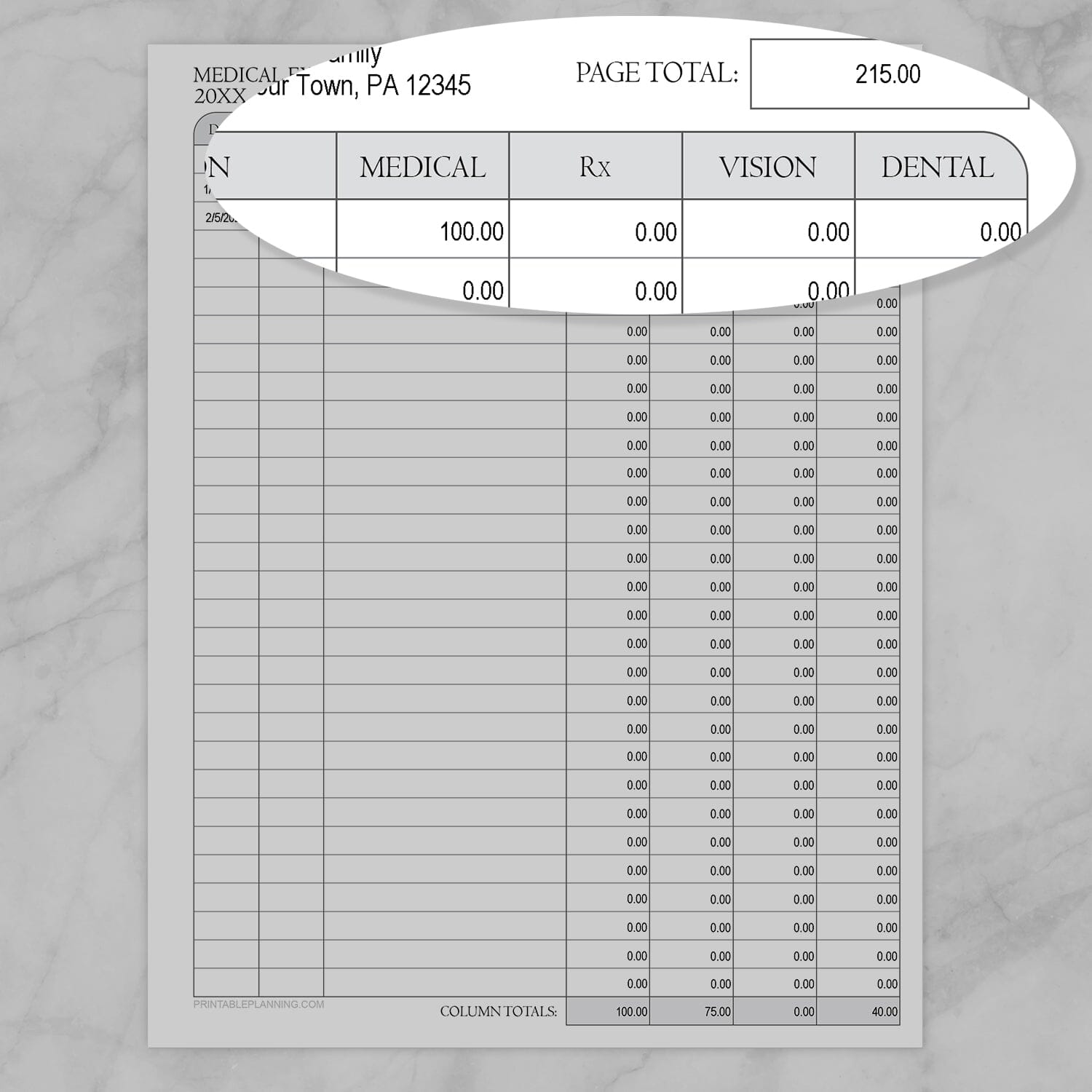 An image showing a zoomed portion of the Medical Expenses Tracker with Auto-Calculating Totals printable, showing the Medical, Rx, Vision, and Dental columns.