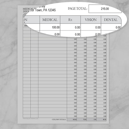 An image showing a zoomed portion of the Medical Expenses Tracker with Auto-Calculating Totals printable, showing the Medical, Rx, Vision, and Dental columns.