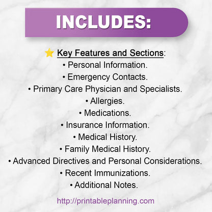 List of key features and sections for the medical information form on a white background with purple text box.
