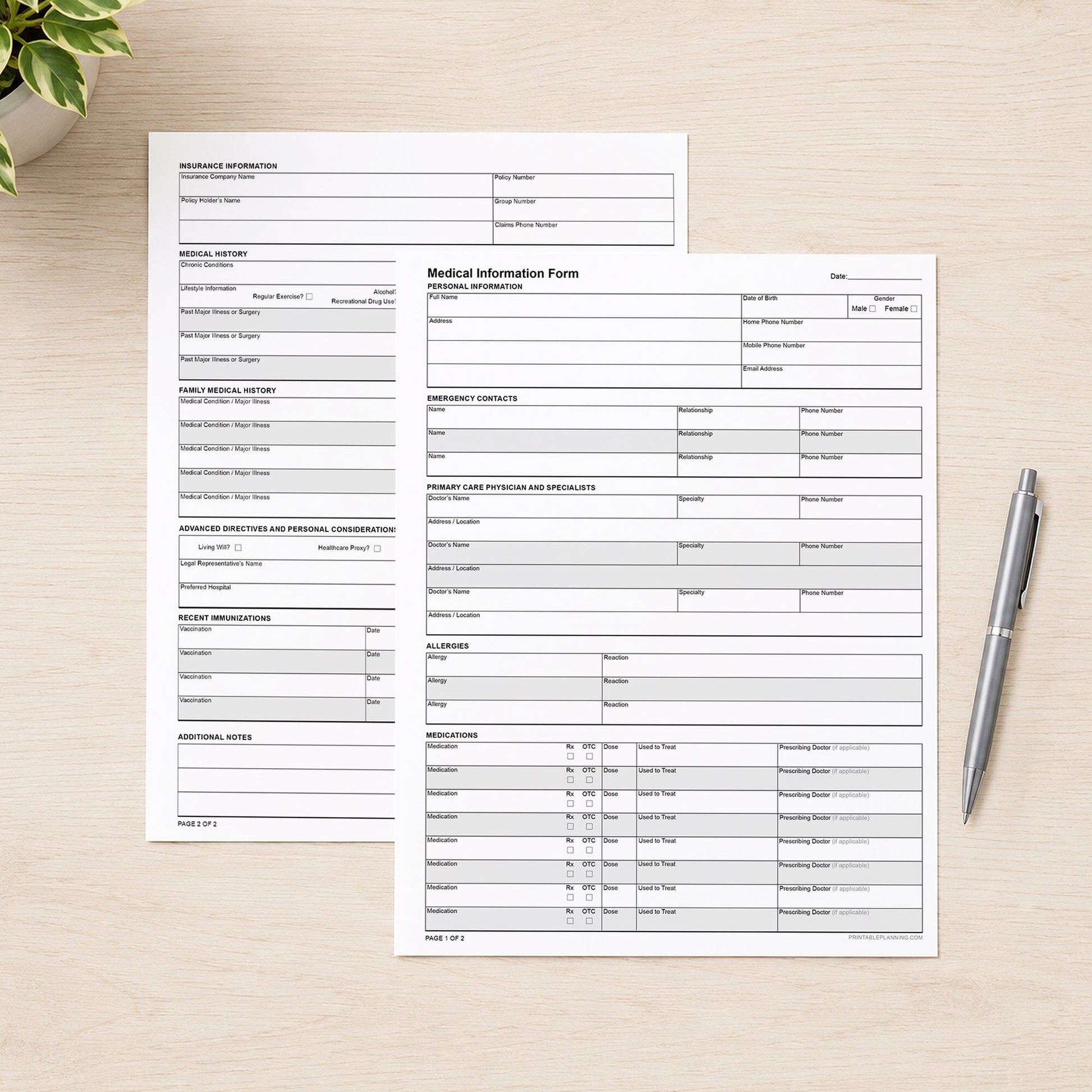 Printable Medical Information Form - Personal Health Record PDF (2 pages) shown on a desk with a plant and a pen.