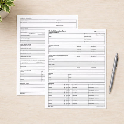 Printable Medical Information Form - Personal Health Record PDF (2 pages) shown on a desk with a plant and a pen.