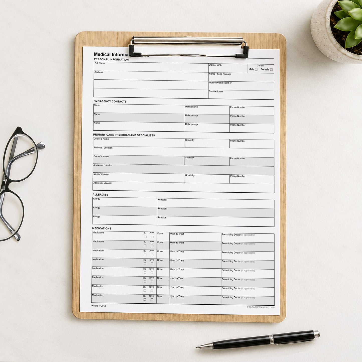 Printable Medical Information Form - Personal Health Record PDF shown on a wooden clipboard on a desk with glasses, a plant, and a pen.