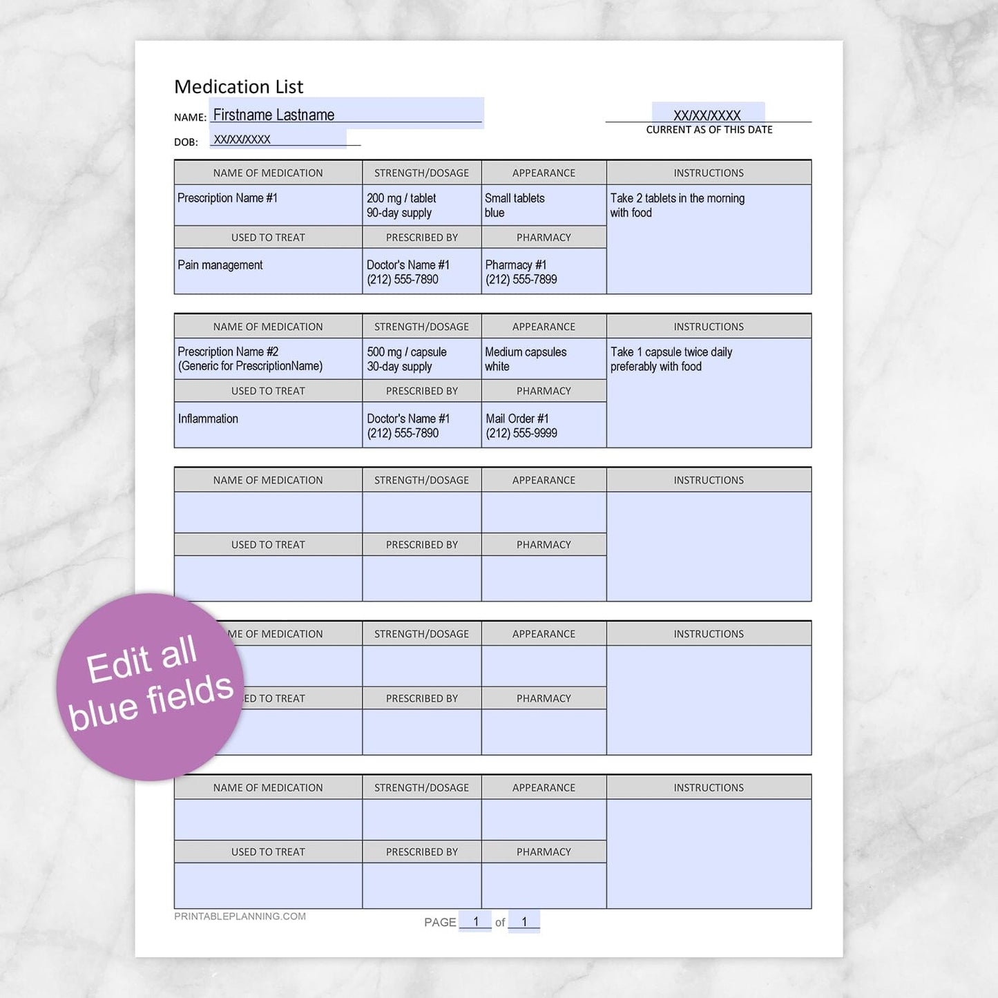 Printable Medication List, Organize Prescription Medicines at Printable Planning. Edit all blue fields.