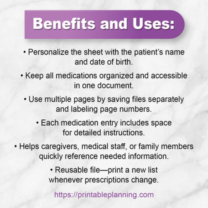 A list of benefits and uses for the Medication List, Organize Prescription Medicines printable at Printable Planning.