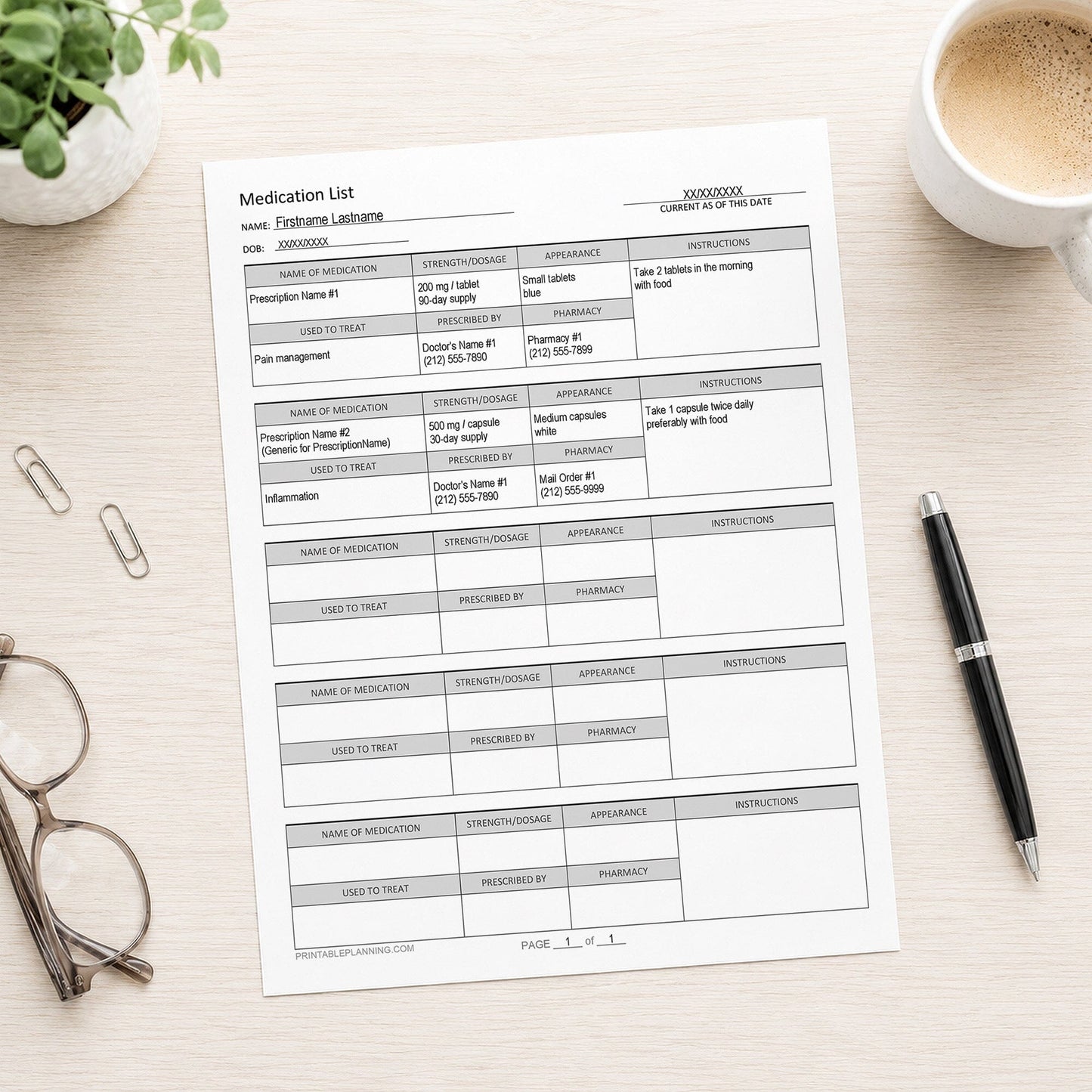 Medication List, Organize Prescription Medicines (printable page) shown on a desk with glasses, coffee, a plant, and a pen.