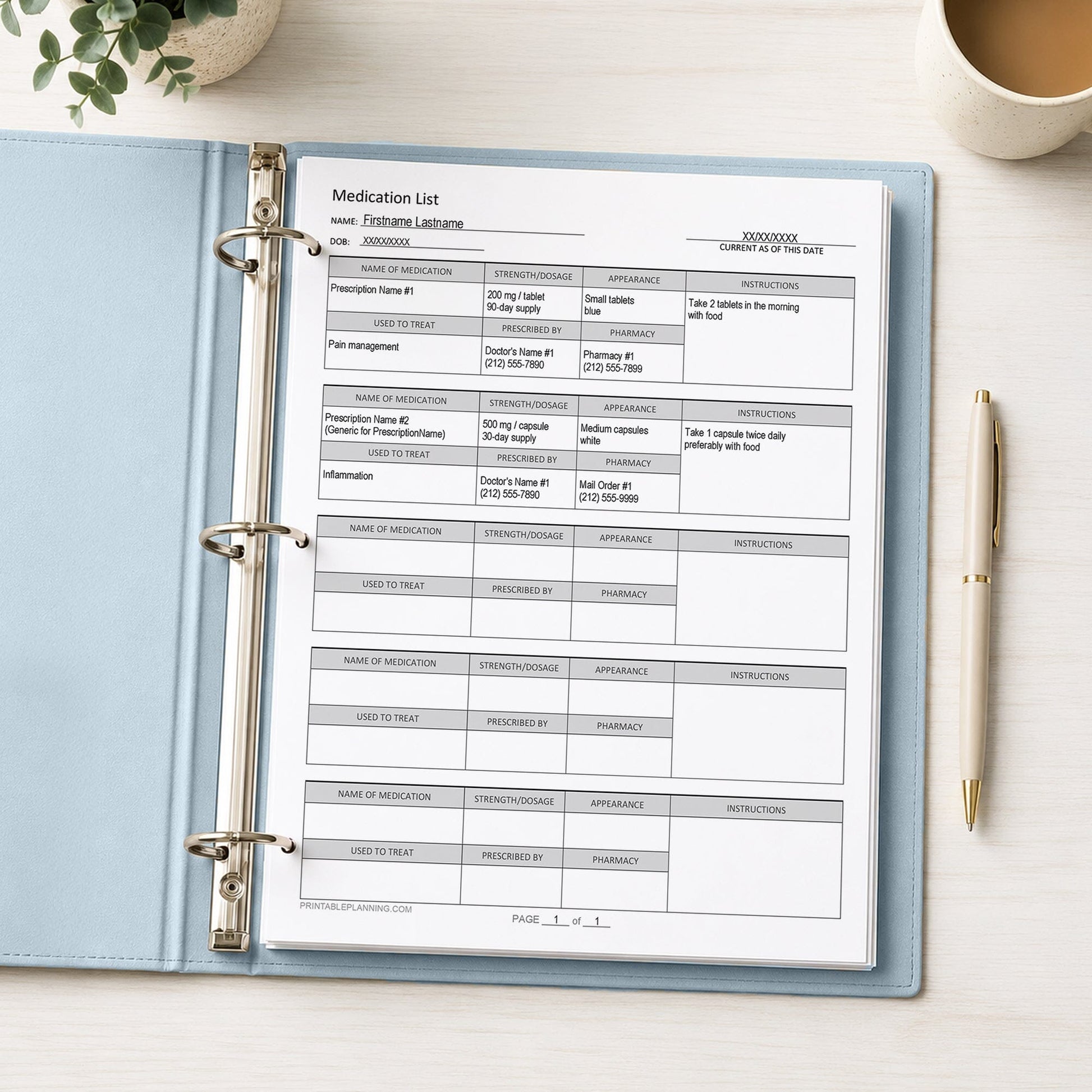 Medication List, Organize Prescription Medicines (printable page) shown in a light blue binder on a desk with a plant, coffee, and a pen.