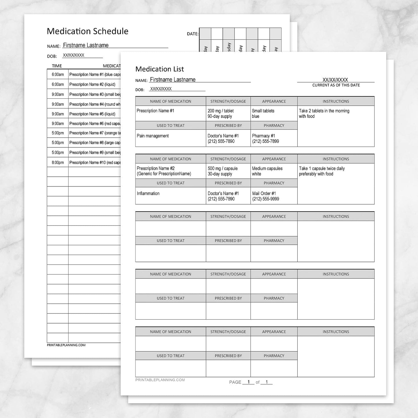 The printable Medication List & Weekly Medication Schedule Bundle pages shown on a marble surface.