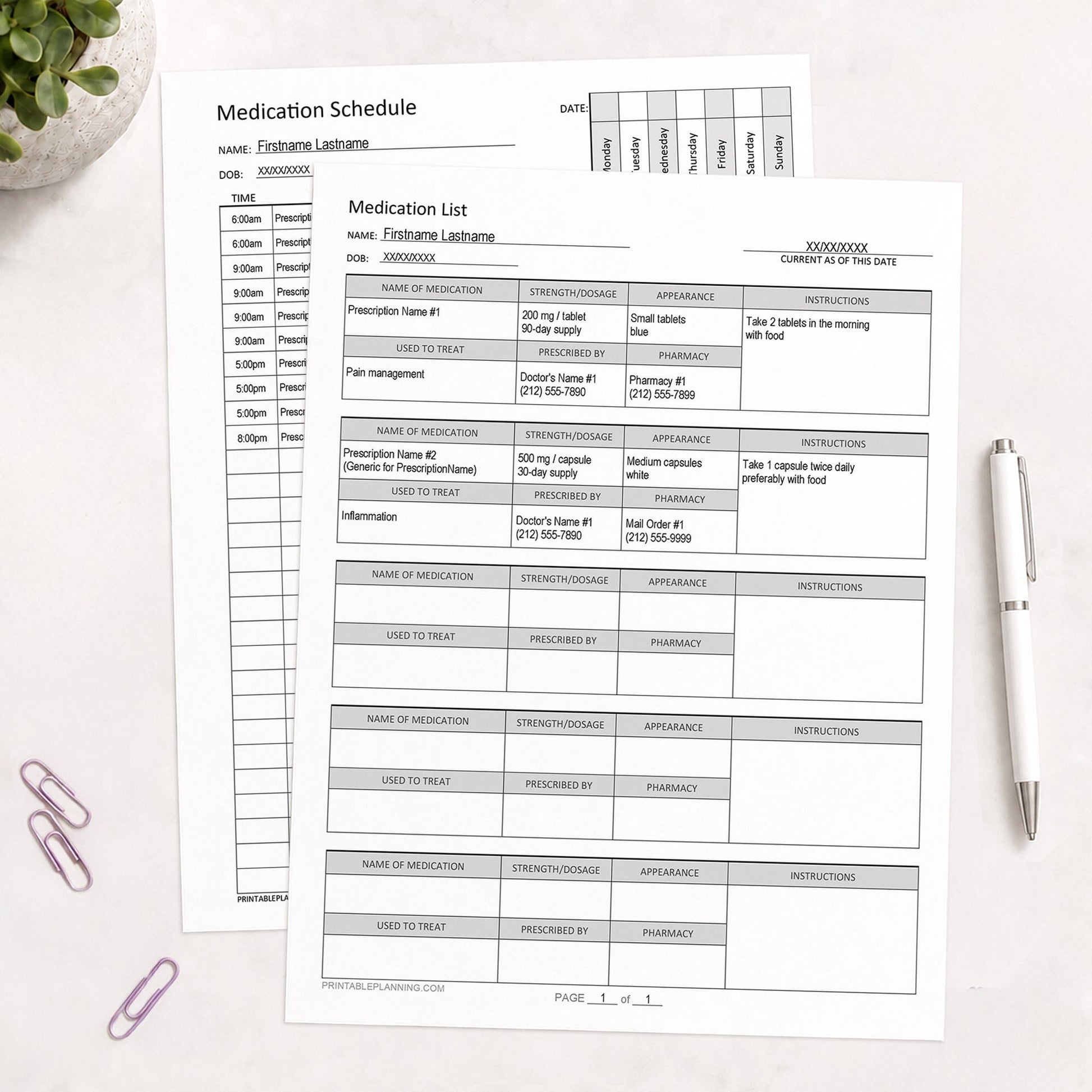 Printed pages of the Medication List & Weekly Medication Schedule Bundle, with example text, shown on a desk with a plant, paperclips, and a pen.