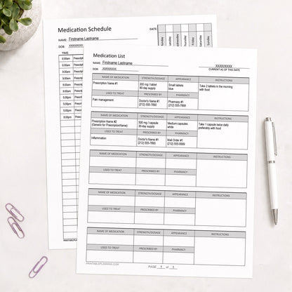 Printed pages of the Medication List & Weekly Medication Schedule Bundle, with example text, shown on a desk with a plant, paperclips, and a pen.