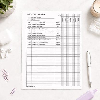 Medication Schedule for Long Prescription Medicine Lists shown on a light desk with earbuds, paperclips, highlighter, a plant, and a pen.