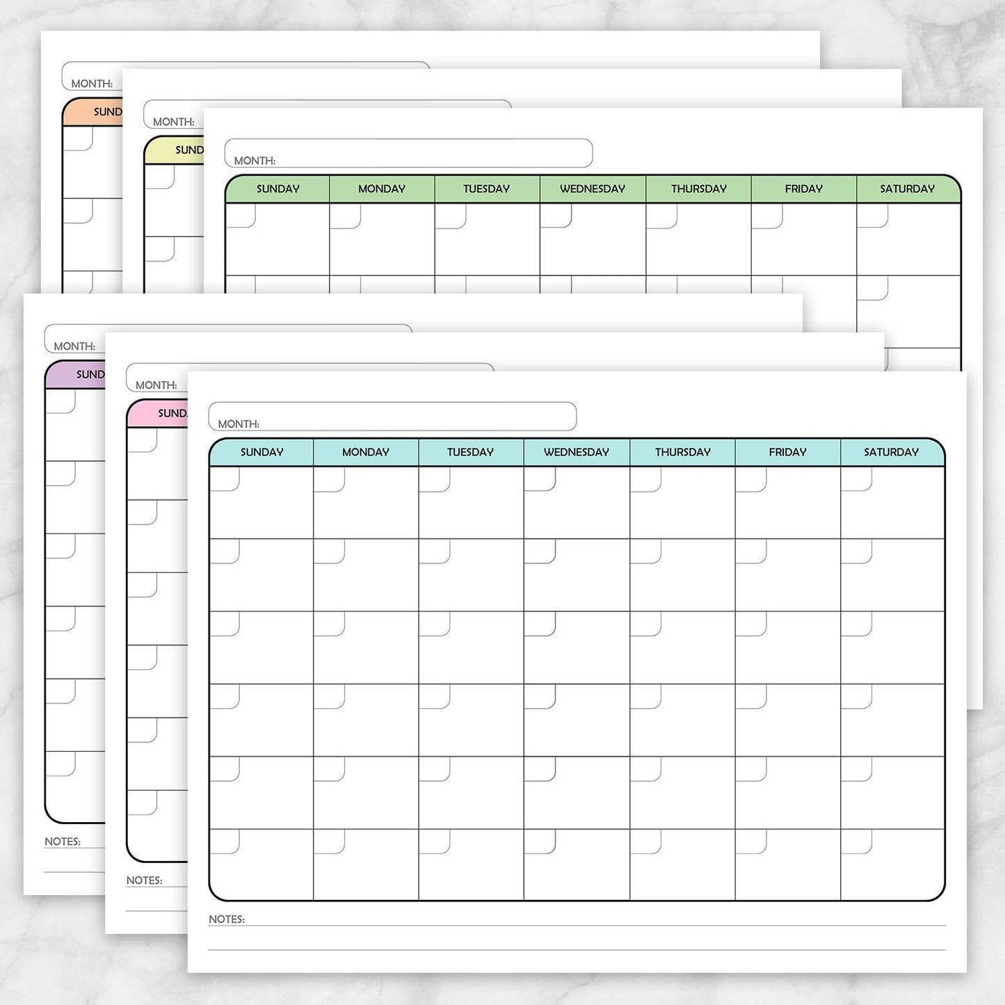 Printable Modern Blank Monthly Calendar - 6 Full Page BUNDLE at Printable Planning.