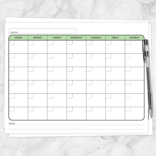 Printable Modern Blank Monthly Calendar - Green, Full Page at Printable Planning.