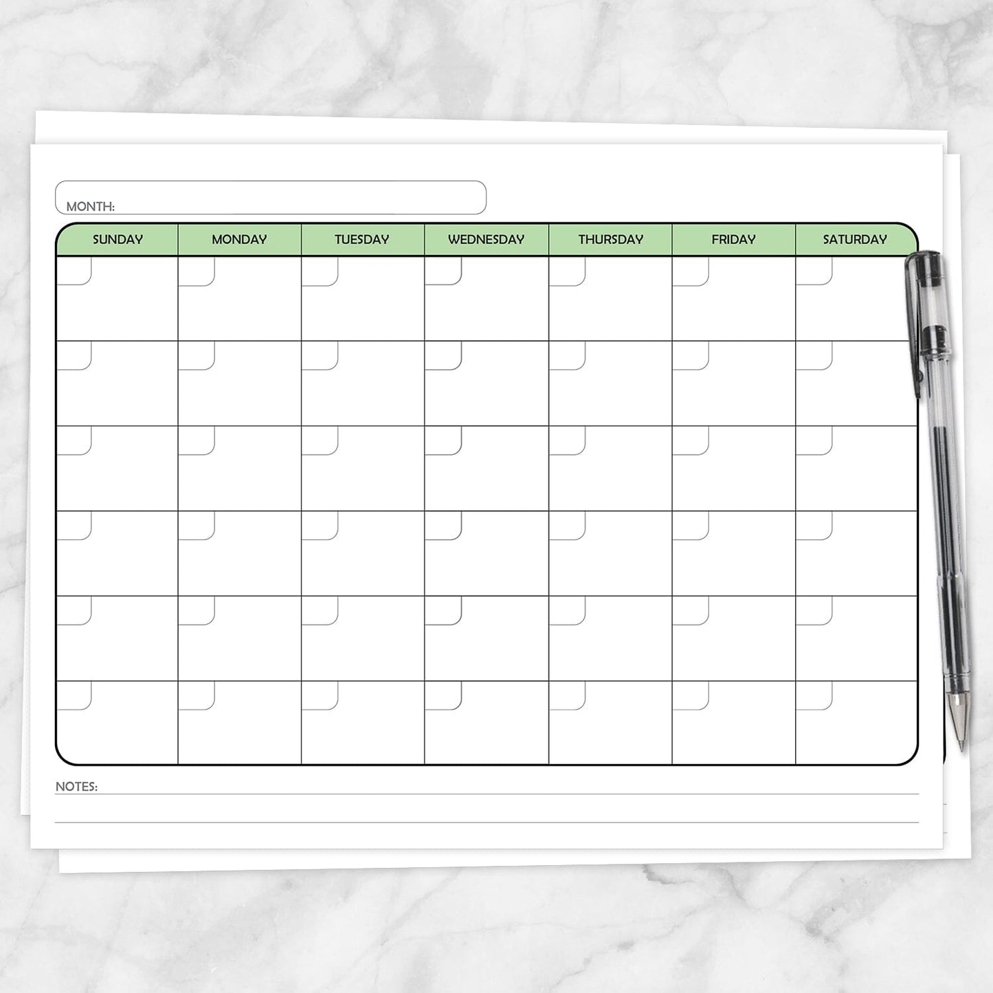 Printable Modern Green Blank Monthly Calendar - Full Page at Printable Planning.