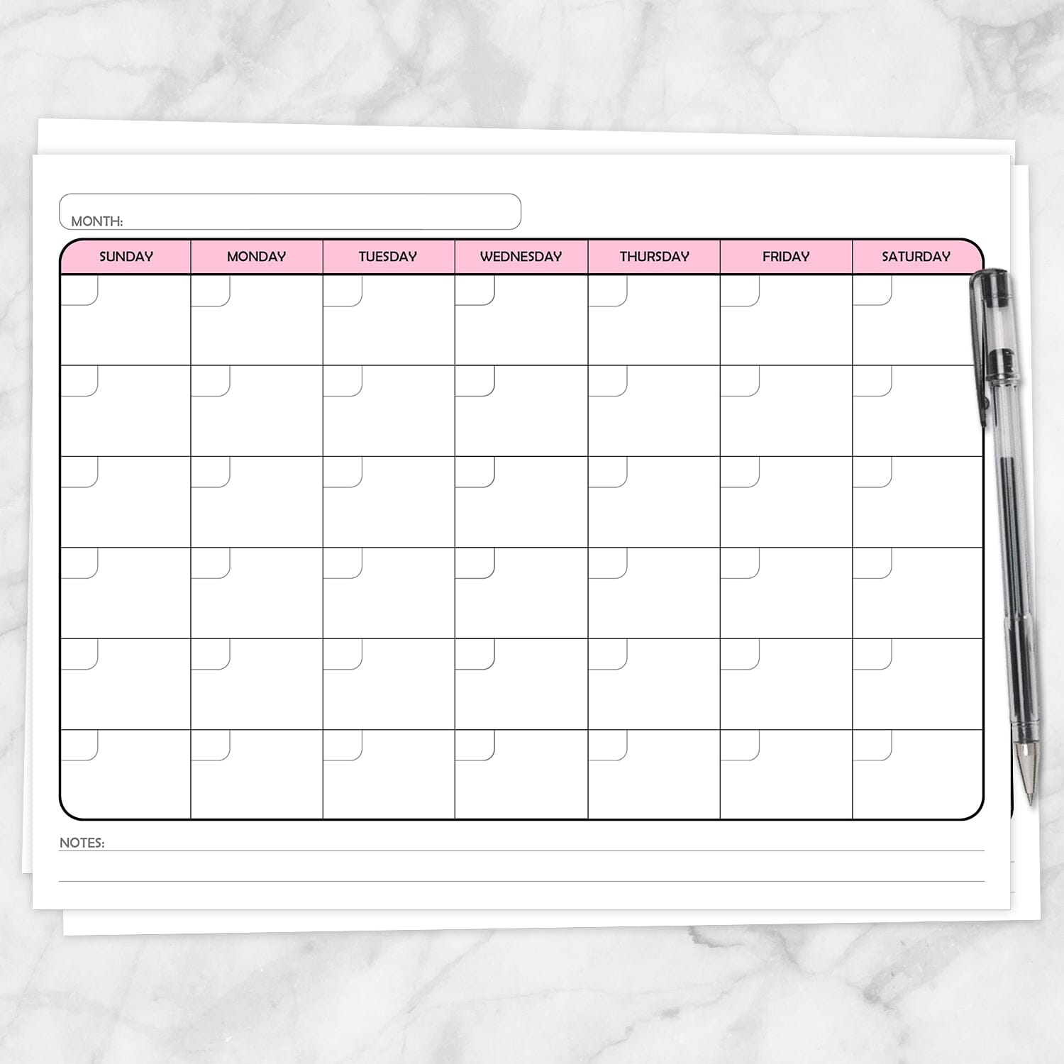 Printable Modern Blank Monthly Calendar - Pink, Full Page at Printable Planning.