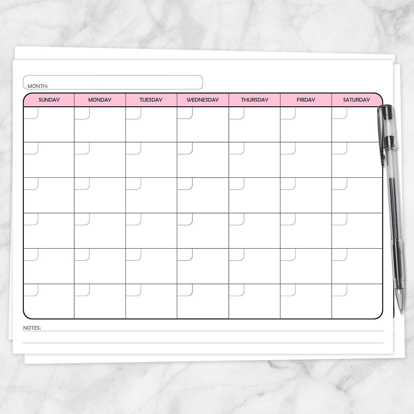 Printable Modern Pink Blank Monthly Calendar - Full Page at Printable Planning.