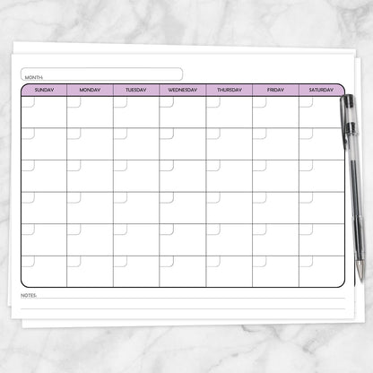 The printable Undated Monthly Calendar - Purple Full-Page Planner page on a marble surface with a pen.