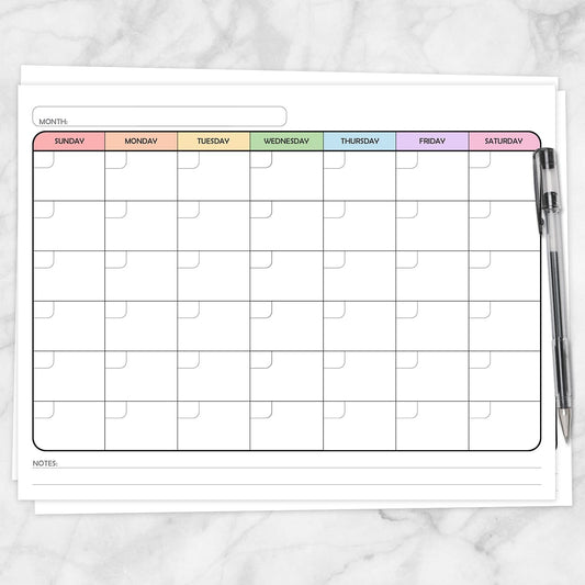 Printable Modern Blank Monthly Calendar - Rainbow, Full Page at Printable Planning.