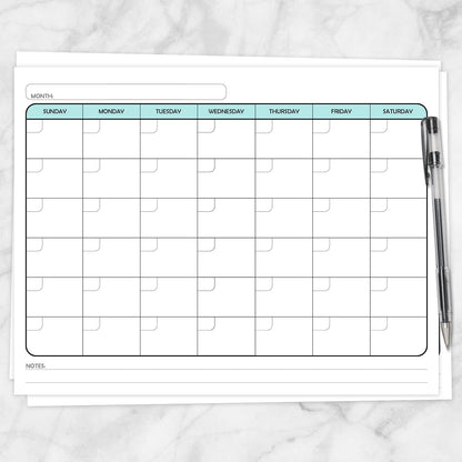 The printable Undated Monthly Calendar - Teal Full-Page Planner page shown on a marble surface with a pen.