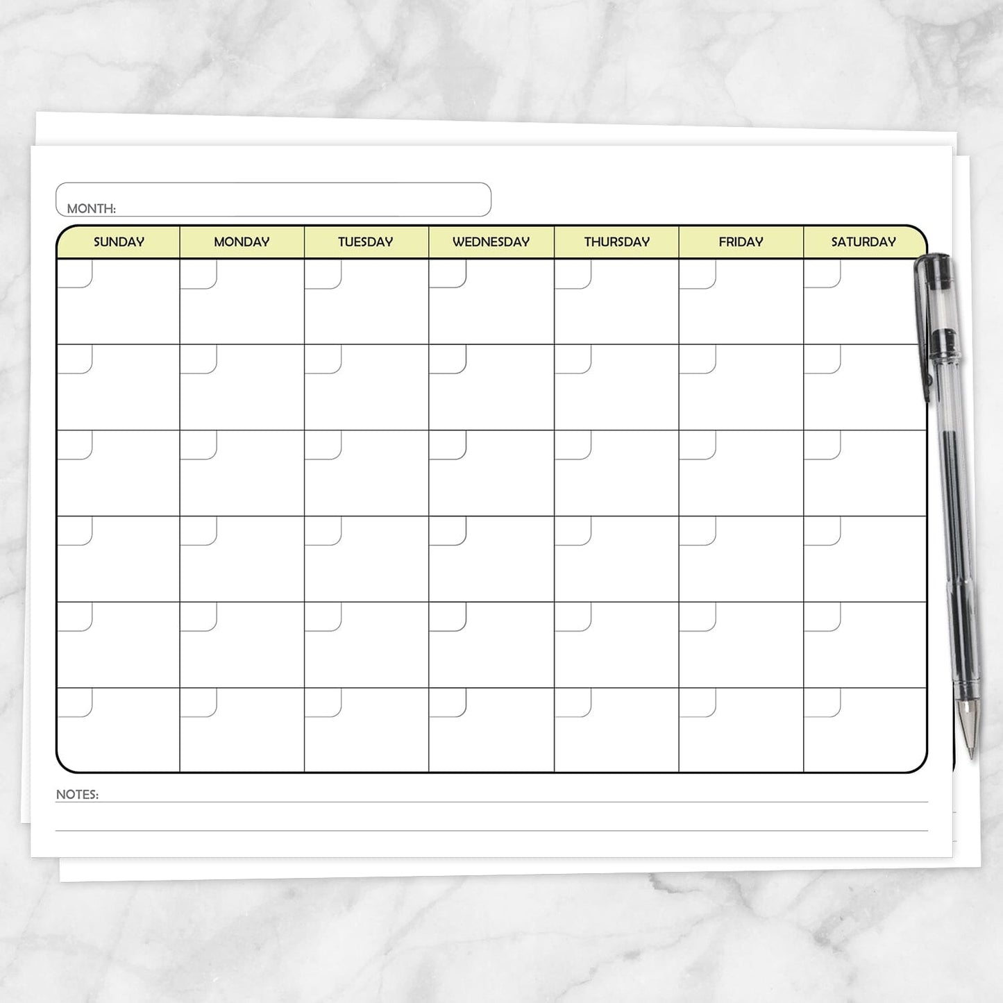 Printable Modern Yellow Blank Monthly Calendar - Full Page at Printable Planning.
