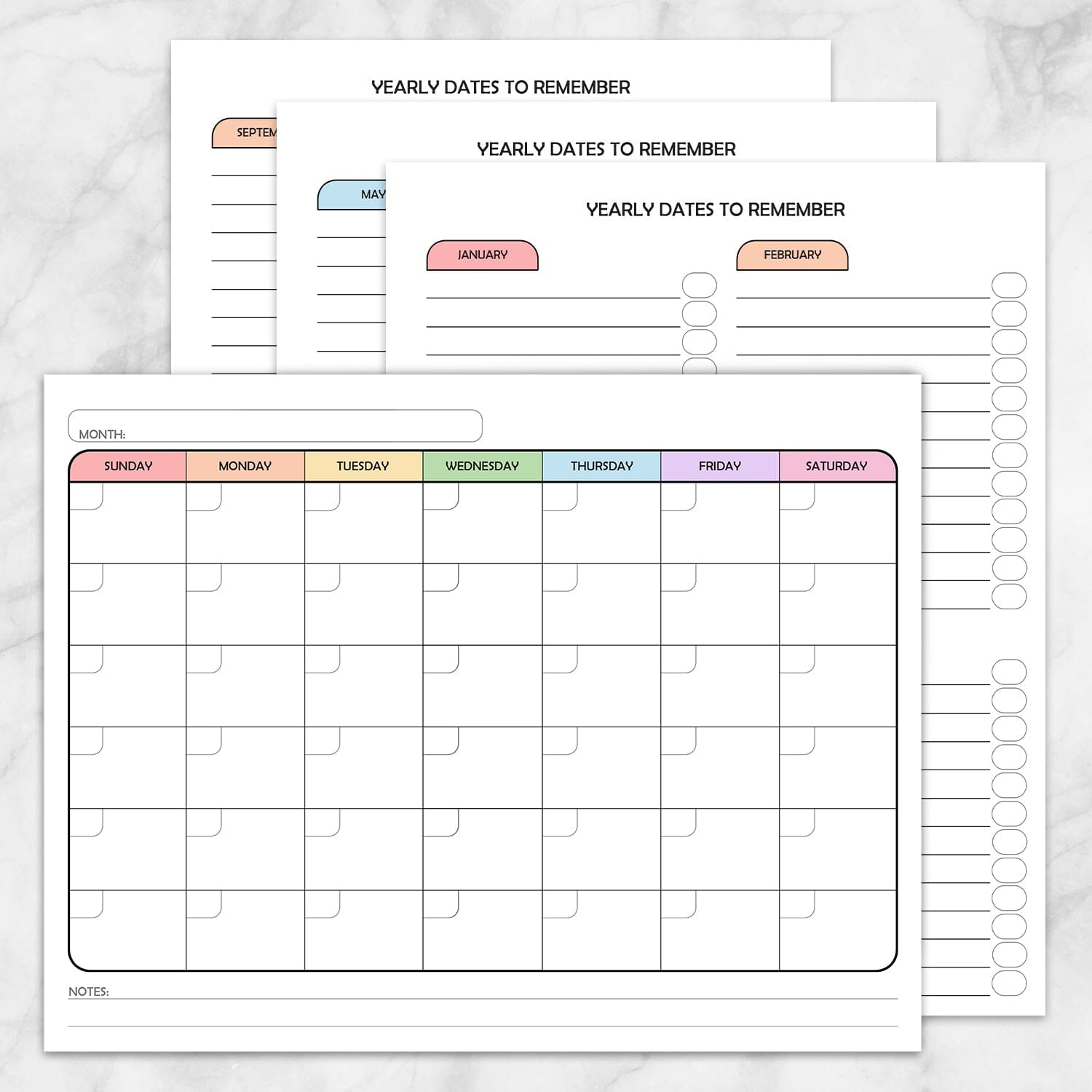 BUNDLE: Modern Blank Monthly Calendar - Rainbow Full Page and Yearly D ...