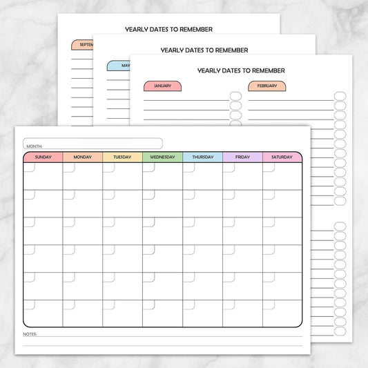 Printable BUNDLE: Modern Blank Monthly Calendar - Rainbow Full Page and Yearly Dates to Remember at Printable Planning.