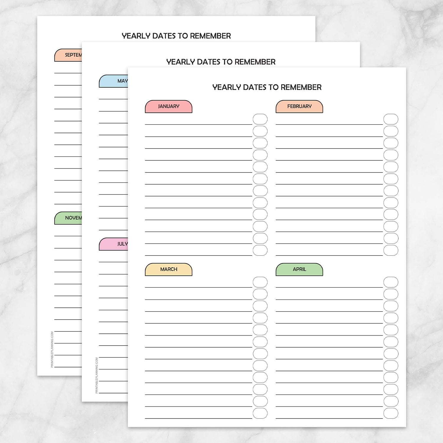 Printable Modern Yearly Dates to Remember Pages (3 pages) at Printable Planning.