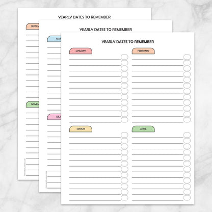 Printable Modern Yearly Dates to Remember Pages (3 pages) at Printable Planning.