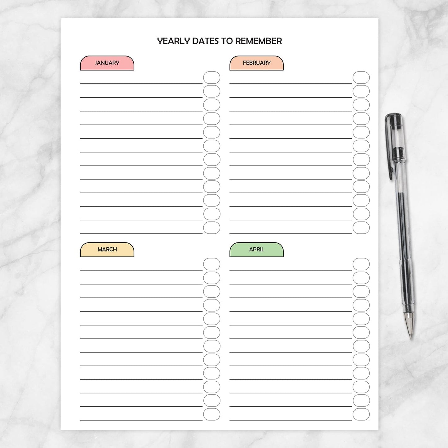 Printable Modern Yearly Dates to Remember Pages (page 1 of 3) at Printable Planning.