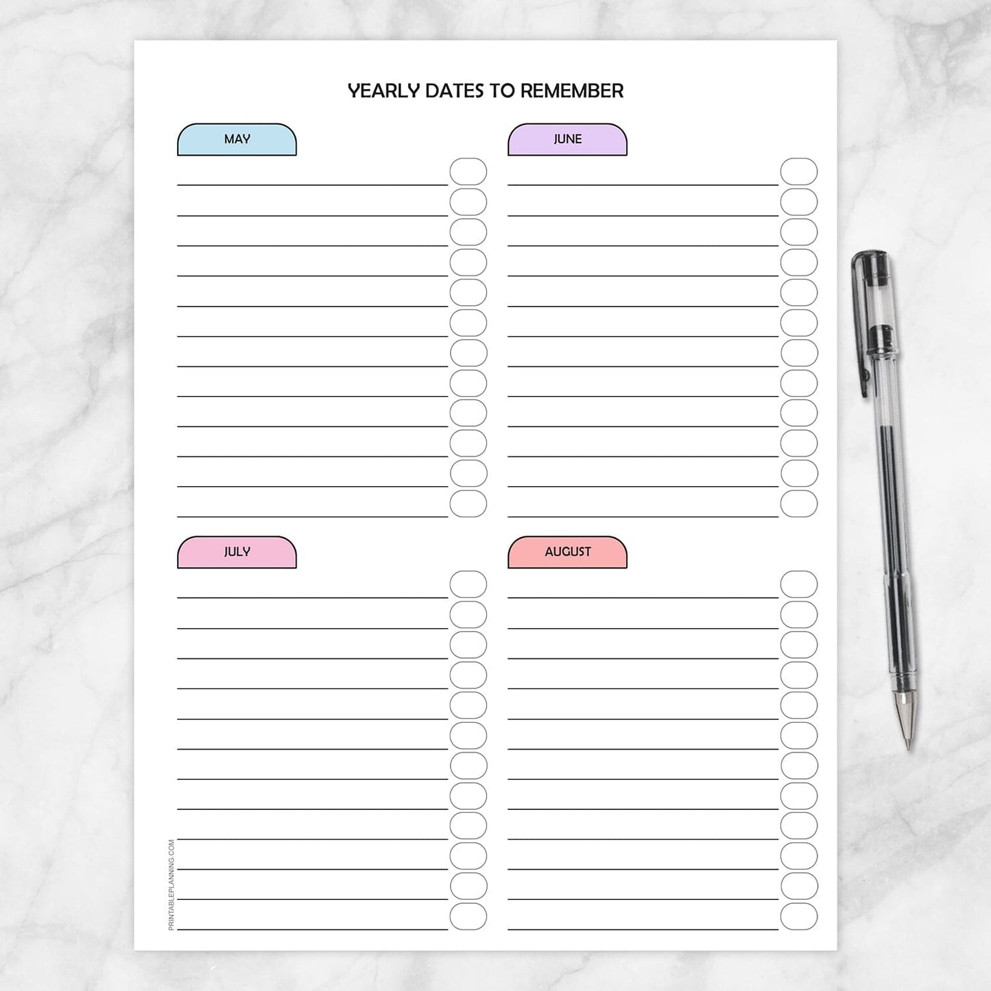 Printable Modern Yearly Dates to Remember Pages (page 2 of 3) at Printable Planning.